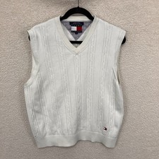 VTG Tommy Hilfiger Sweater Vest Mens L White Flag Logo Cable Knit V Neck Preppy