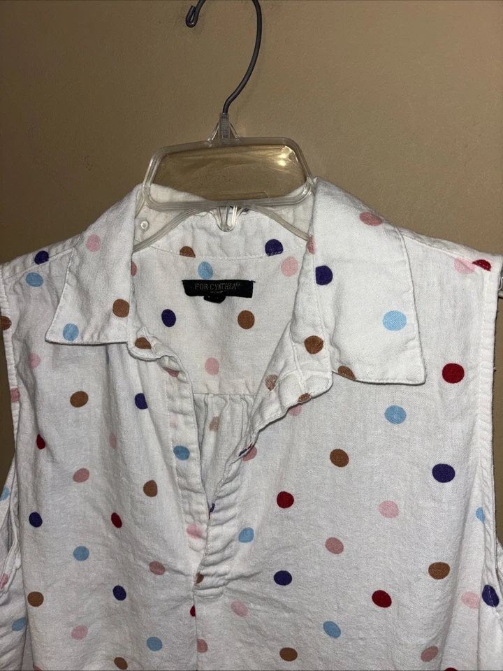 Para Cynthia 1X Túnica de Lino Blanca Lunares Popover Blusa Bolsillos Lagenlook Foto 2 de 4