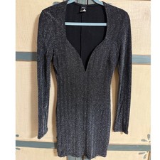 Privy Privileged Black Silver Metallic Herringbone Deep V Neck Mini Dress L Glam