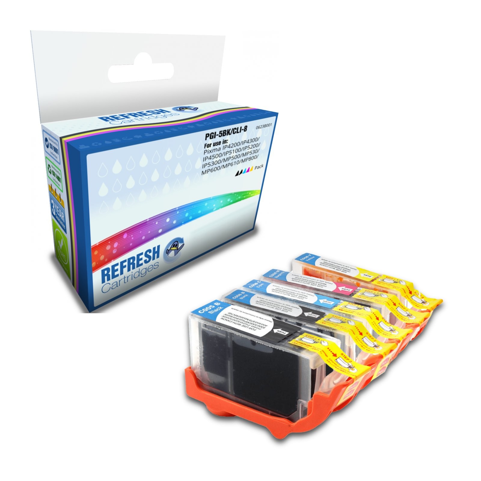 Refresh Cartridges Value Pack PGI-5BK/CLI-8BBK/C/M/Y Ink Compatible With Canon