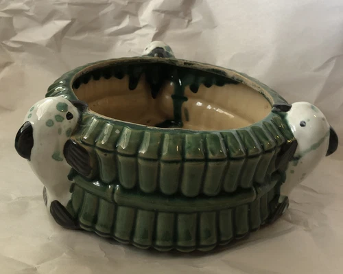 MAJOLICA STYLE VINTAGE CERAMIC PLANTER WITH BAMBOO AND DOLPHINS