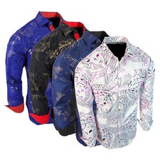 Mens Designer Shirt Italian Floral Prints Shiny Foil Patterns Stretch Button Up