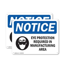 (2 Pack) Eye Protection Required In Manufacturing OSHA Notice Sign Decal Metal