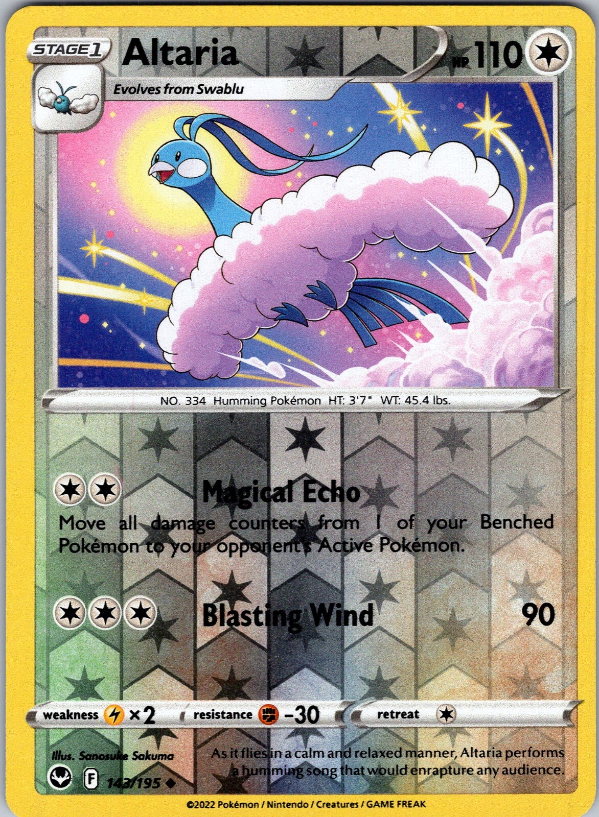 Pokemon TCG Altaria SWSH Silver Tempest 143/195 Reverse Holo Uncommon Card NM