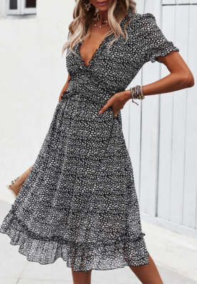 Plunge Neck Ruffle Detail Leopard Puff Sleeves Flowy Midi Dress | eBay