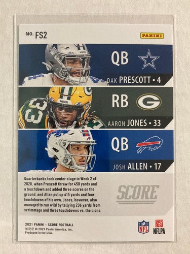 2021 Score Fantasy Stars #FS2 Dak Prescott / Aaron Jones / Josh Allen SL@MJ3 - Picture 2 of 2