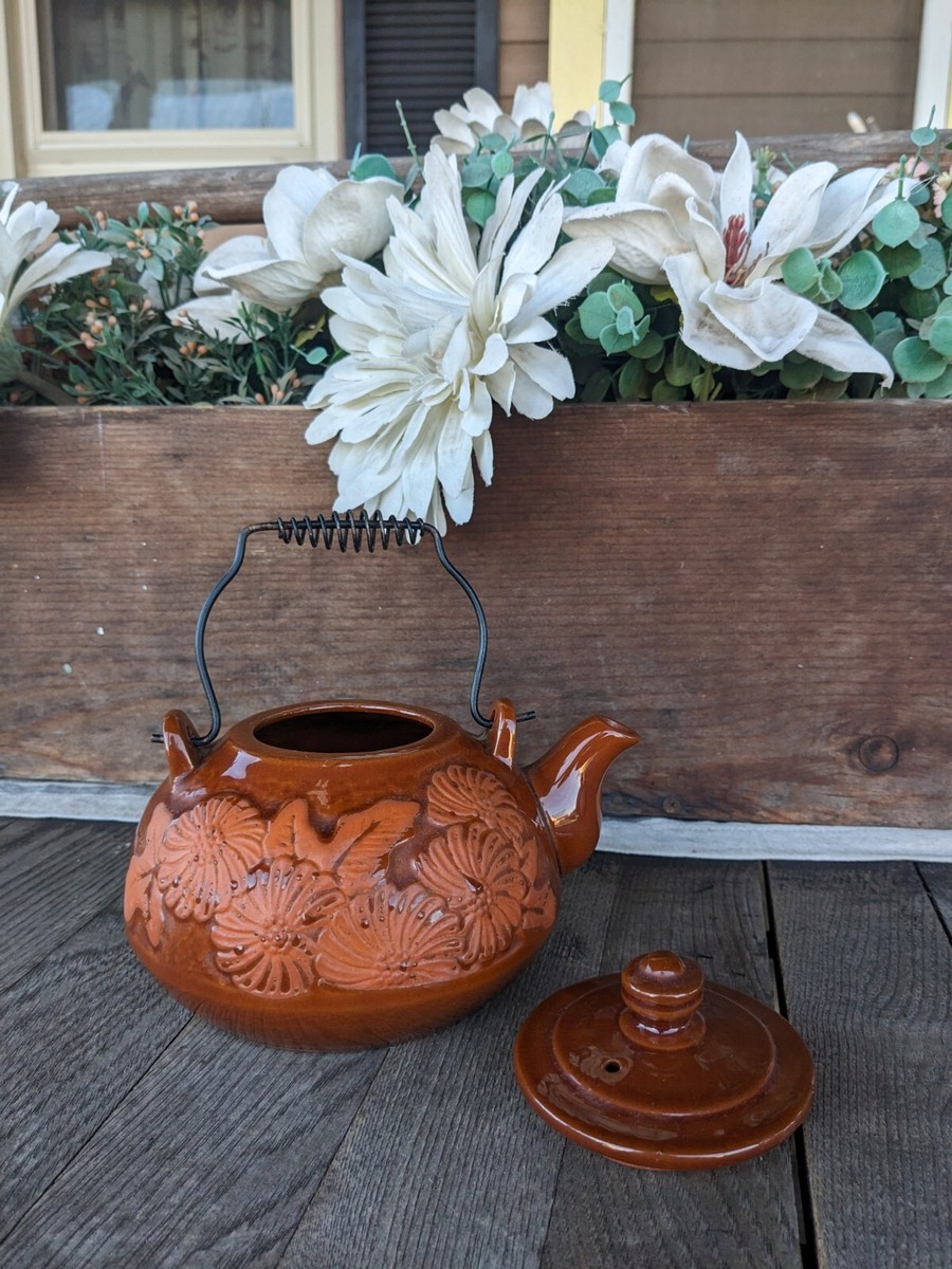 出土品 深い茶系の釉が素敵な高杯 古道具 骨董 アンティーク Vintage Japanese Red Clay Floral Teapot w/ Iron Coil Handle