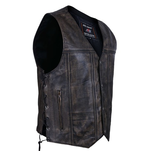 ARD Men's Distressed Leather 10 Pockets Motorcycle Biker Vest size S to 6XL - Photo 2 sur 4