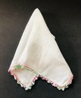 Vintage Hanky Handkerchief Pink Green Crochet Edge Border White Cotton