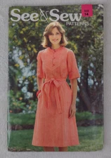 Vintage 70s 80s See & Sew Pattern 7563 Shirt Dress w/ Belt Easy Size 14 Uncut