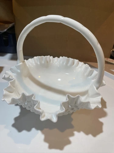 Vintage 12" x 9.25" Fenton Hobnail Milk Glass Basket With Crimped Handle