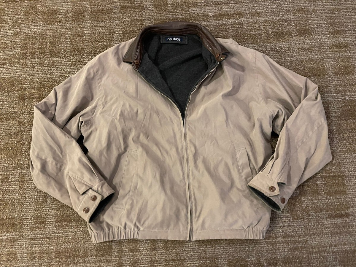 Nautica Reversible Leather Collar Gray Fleece/Khaki Bomber Jacket 