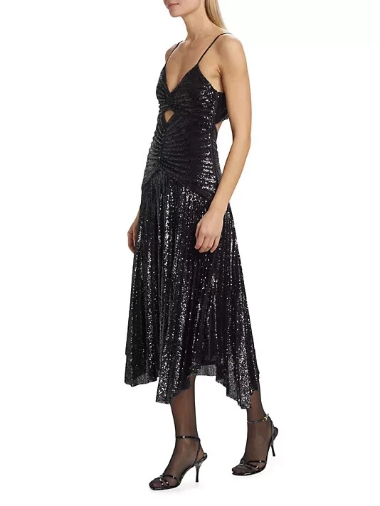 A.L.C. Black Lou Pleated Sparkly Sequin A-line Midi Dress In Black Size 2 $795 - Imagem 3 de 4