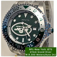 47mm Auto JETS-NFL  Green Dial  Silvertn Bracelet  GRAND DIVER Invicta Watch