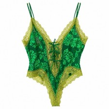 Vintage 80s Victorias Secret Gold Label Green Lace Teddy Bodysuit Large