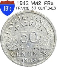 WW2 Era 1943 France 50 Centimes Aluminum Coin .50c - Fine/Very Fine (F/VF)