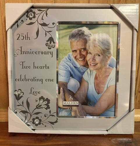 Malden 25th Anniversary Picture Frame 4"x6" Photo Metal Two Hearts Gift D1 - Picture 1 of 5