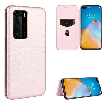 Carbon Fiber Flip Leather Magnet Stand Holder Card Slot Cover For Huawei P40 