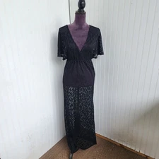 Womens Black Sheer Crochet Lace Elastic Waist Maxi Dress Pool Coverup Strerch  S