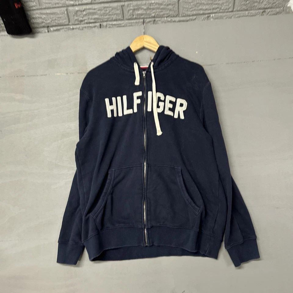 Tommy Hilfiger Men's Solid Zip Up Logo Fleece Hoodie Sweatshirt Navy, XL - Image 2 of 3