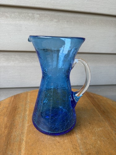 Vintage MCM Blue Crackle Angular Hand Blown Art Glass Pitcher 7"