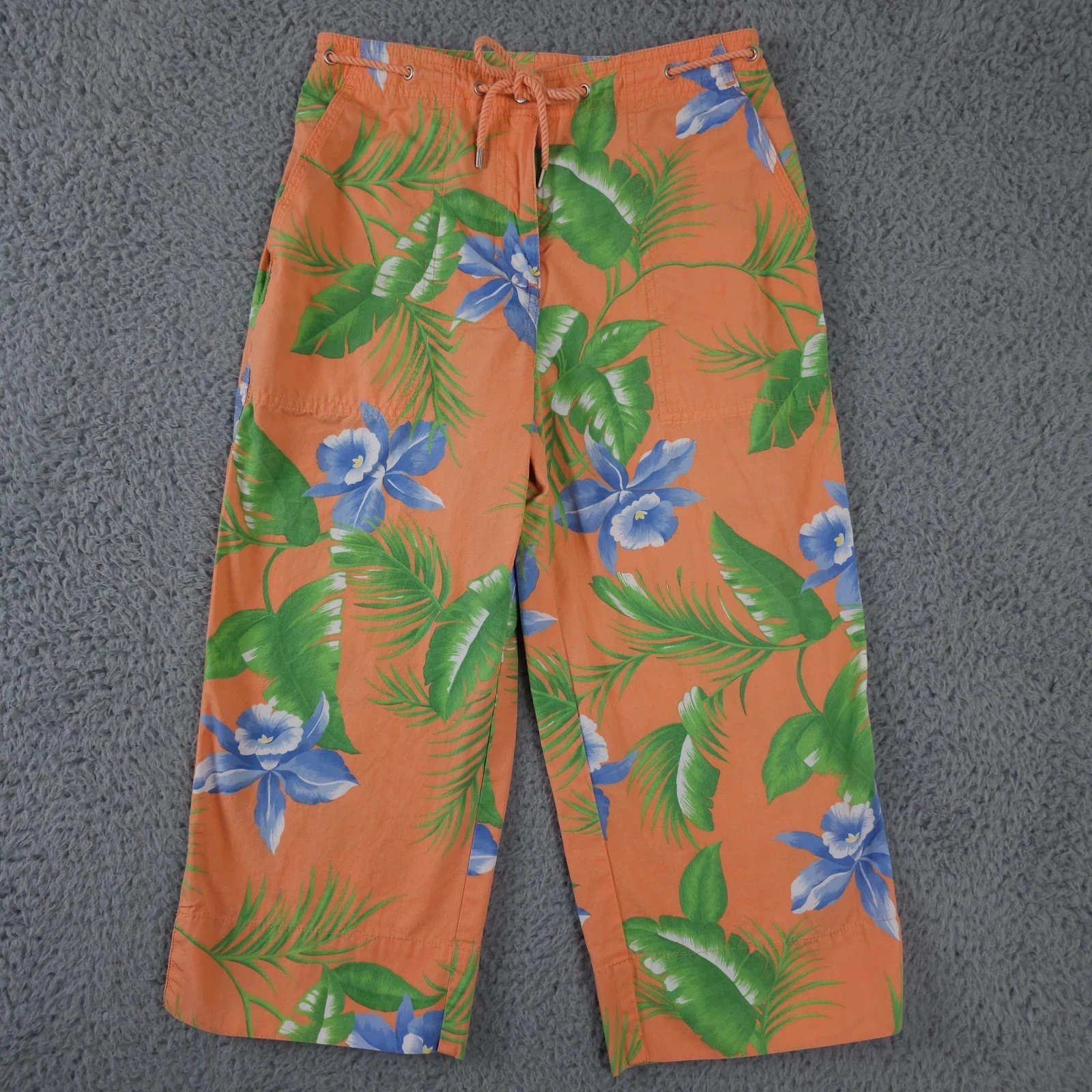 VTG Lauren Ralph Lauren Pants Womens 2P Orange Hawaiian Floral Rope Belt Capri
