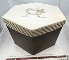 Vintage MCM Hexagon Hat Box with/ cool illustration in nice shape as Shown  