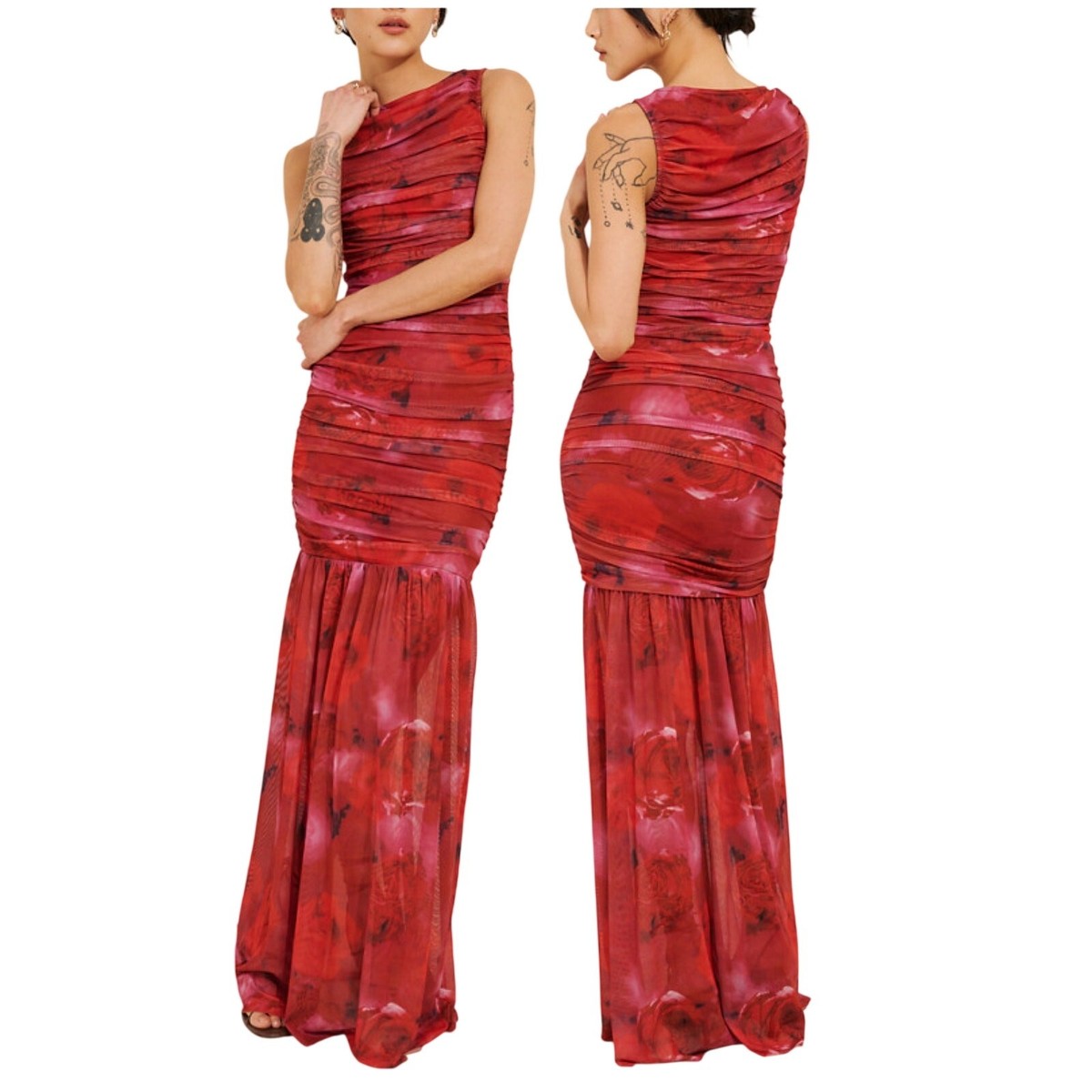 Elliatt NWT Elise Mesh Ruched Maxi Dress Red Motif Size S Sleeveless Bodycon  | eBay