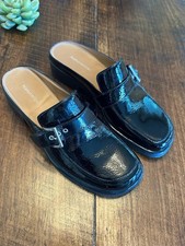 Naturalizer Black Patent Leather Loafer Mules Silver Buckle Slip On Flats, 9