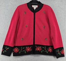 Vtg Christmas Zip Cardigan Sz XL Tiara Int'l Red Black Poinsettia Embroidered