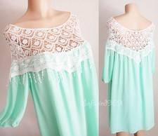 NEW Pastel Mint Ivory Crochet Lace Shoulder 3/4 Sleeve Flowy Chiffon Shift Dress
