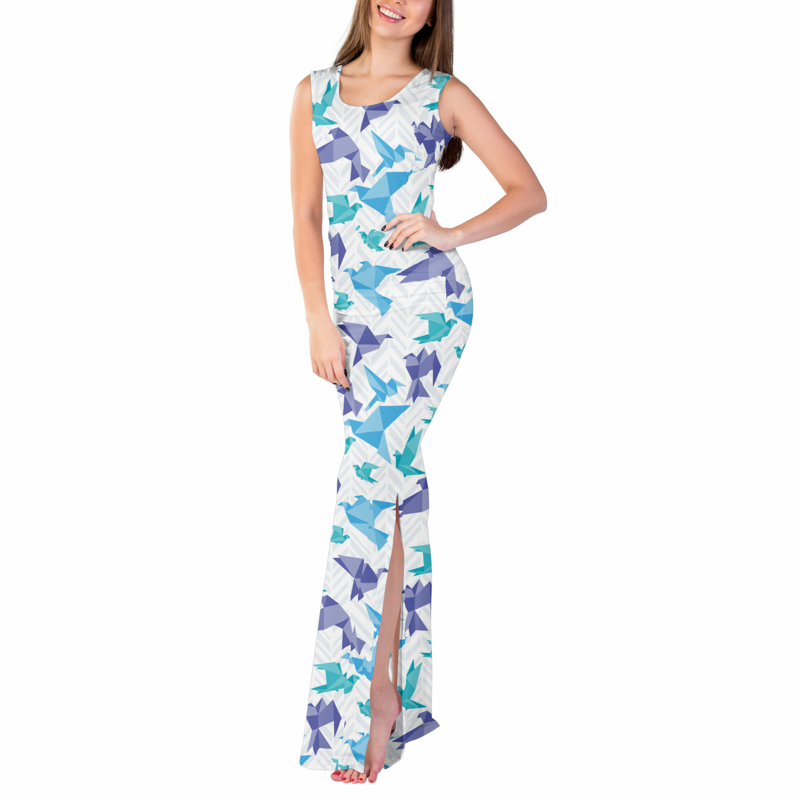 Kleid Maxi Split Birds Origami Größes Fitted 5xl Xs