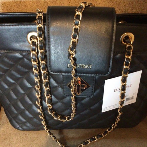 New With Tags NWT Ellen Tracy Black Quilted East West Tote Bag Pocketbook - Picture 3 of 8