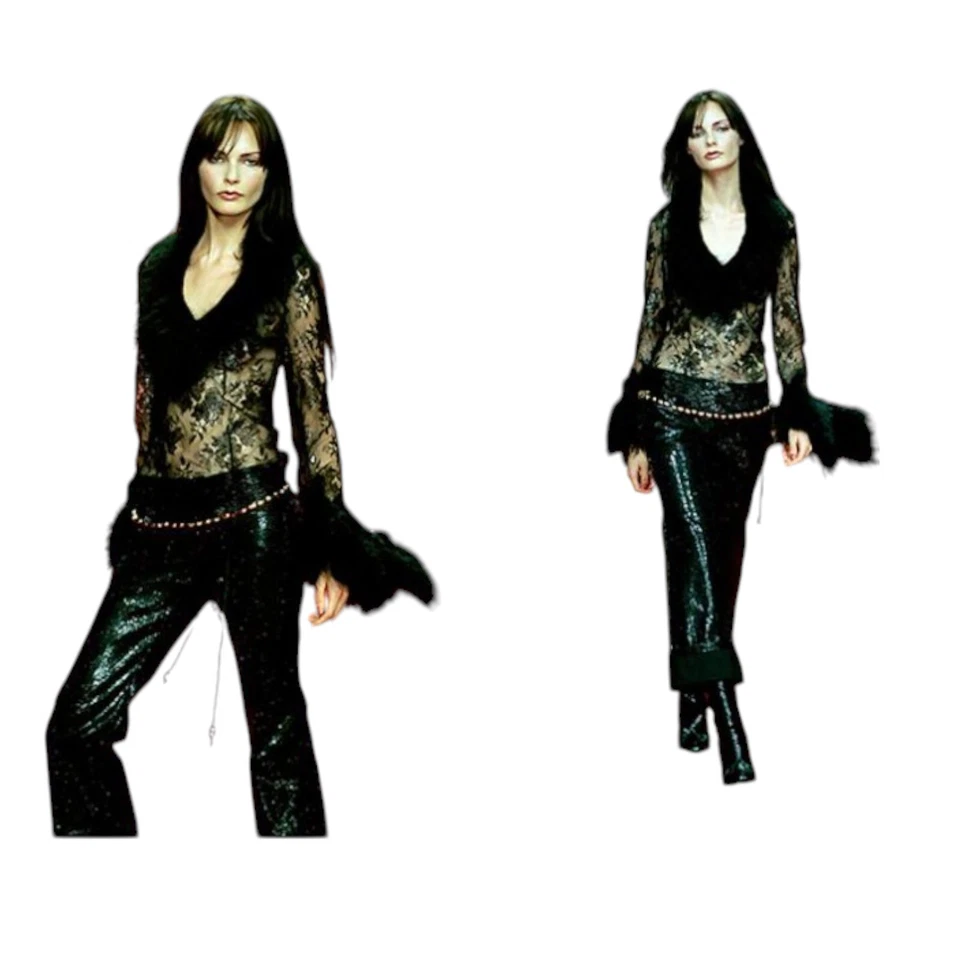 Blusa Roberto Cavalli Pasarela Negra Encaje Metálico Piel de Cordero Mongol FW 1999 M Foto 3 de 4