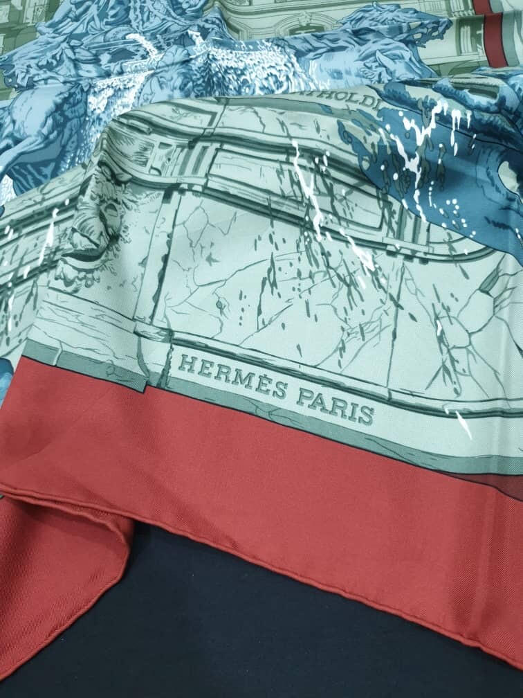Authentic Hermes Silk Scarf “LA FONTAINE DE BARTHOLDI” By RYBAL 90x90cm