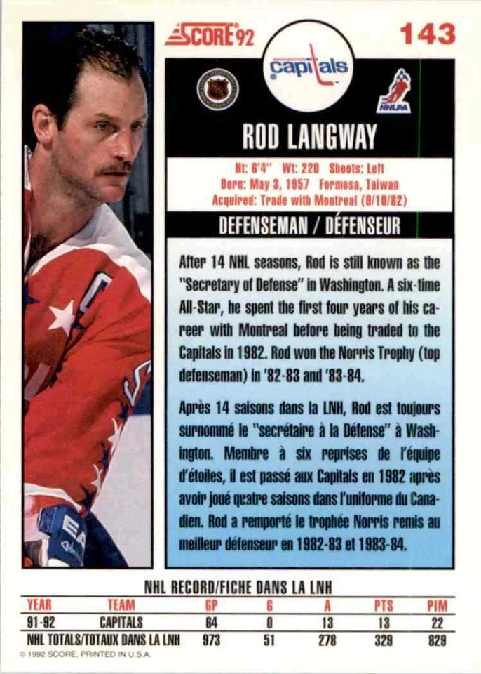 1992-93 Score Canadian Rod Langway #143 - Image 2 of 2