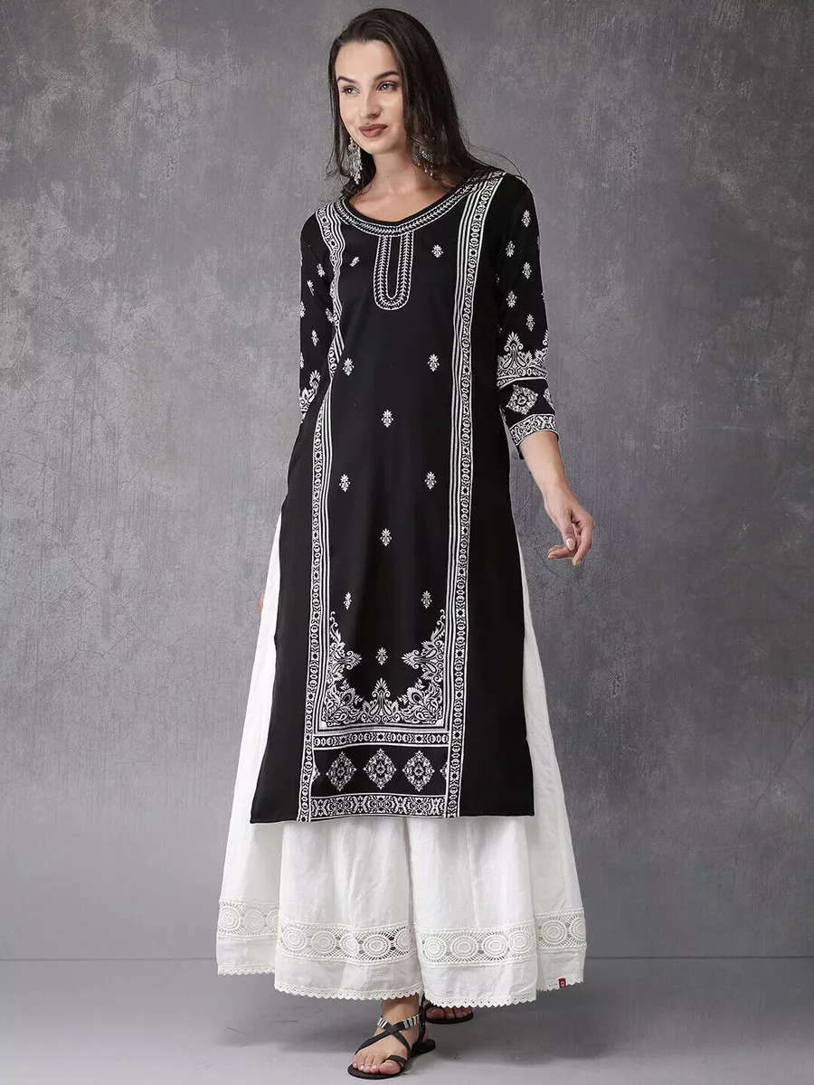Indian Women Black u0026amp; White Printed Straight Kurta Kurti New Dress Top  Tunic | eBay