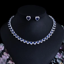 Blue Cubic Zircon CZ Heart Earrings Necklace Set for Women Lover Party Jewelry