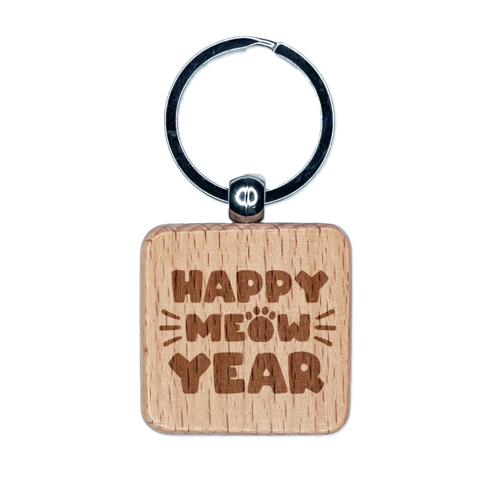 Happy Meow New Year Cat Funny Engraved Wood Square Keychain Tag Charm