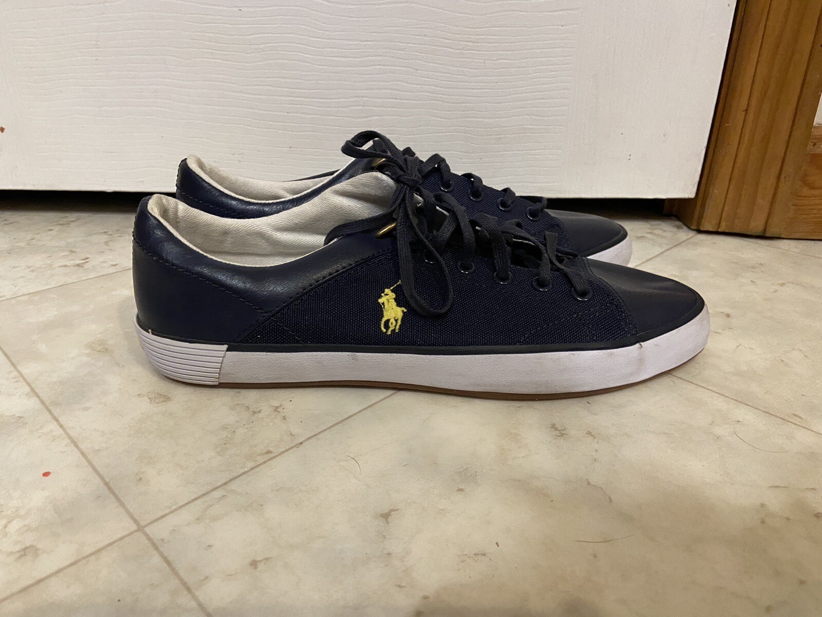PONY Polo Ralph Lauren scarpe da ginnastica sportive in tela da uomo 8 5 D Twill blu navy giallo