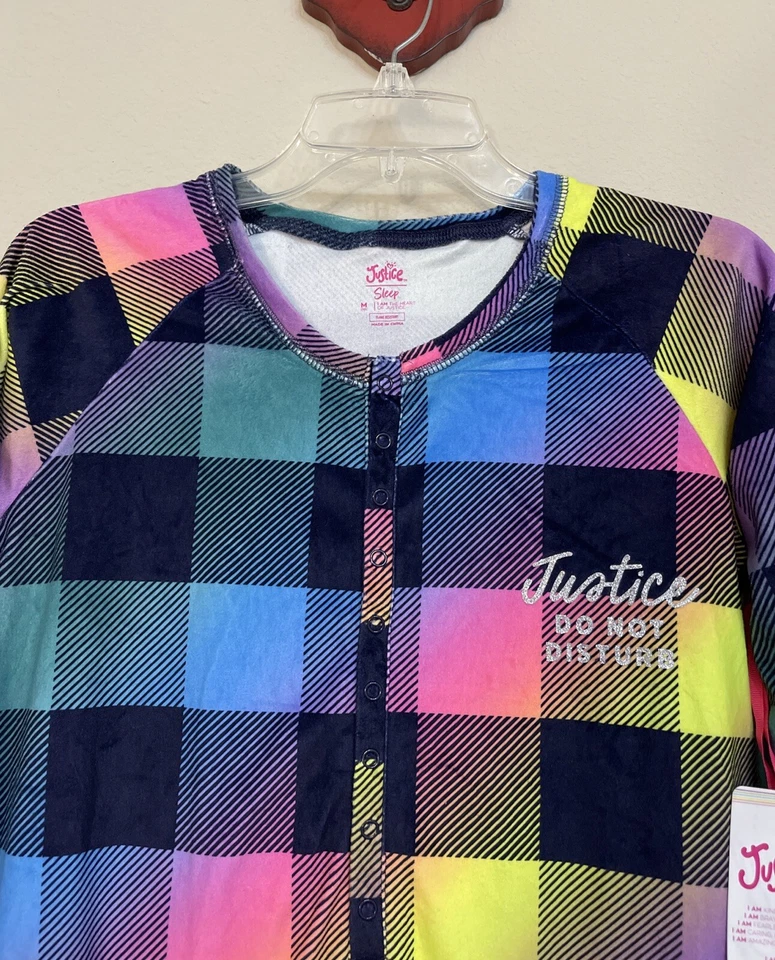 Justice Girls Sz 10 Plaid Colorful One-Piece Half-Button Sleep Romper NWT! A1194 - Image 4 of 4