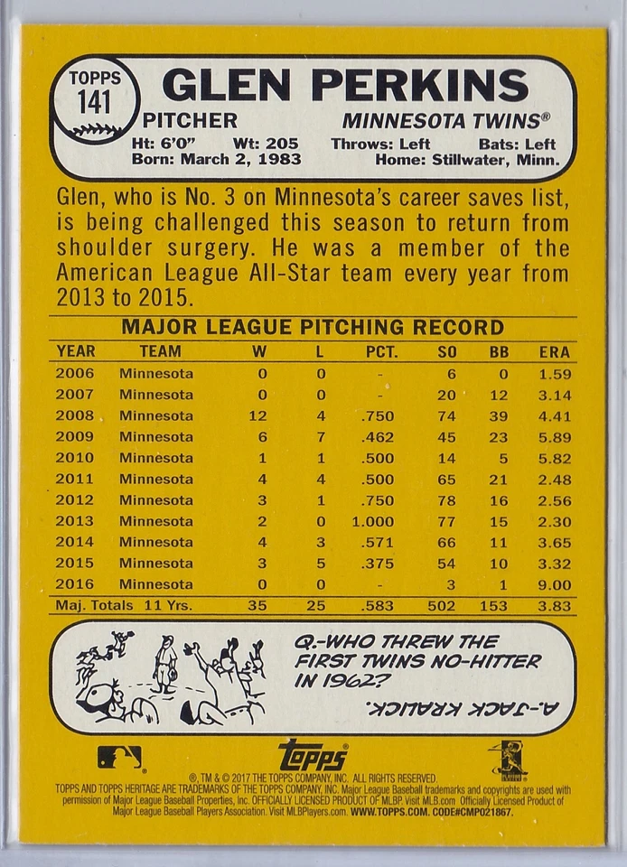 2017 Topps Heritage Baseball GLEN PERKINS Flip Stock Glossy Back #141 SSP /5 ! - Image 2 of 2