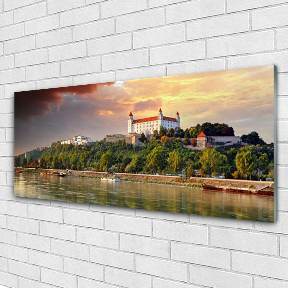 Impression sous verre Tulup 125x50 cm tableau mural premium paysage urbain et lac miroir
