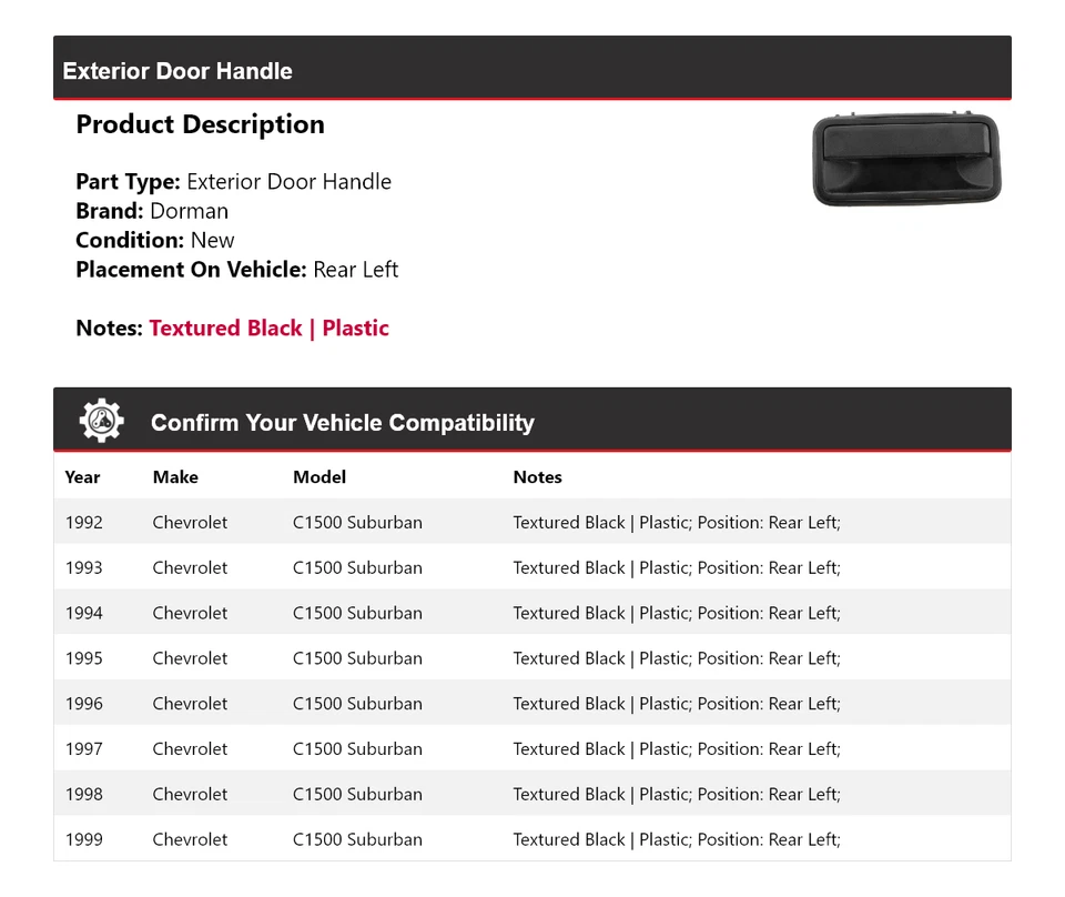 Para 1992-1999 Chevrolet C1500 Suburban Dorman maçaneta externa traseira esquerda - Imagem 2 de 4