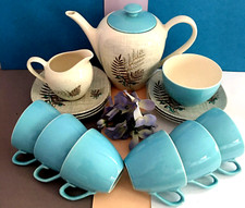 Vintage c1957 Retro J & G Meakin Pottery Coffee Set For Six "Rock Fern”🩵🤎🩵🤎