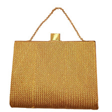 Vtg Gold Beaded Evening Bag Bugle Beads Woven Look Gold Frame Kiss Lock 5x6" TLC