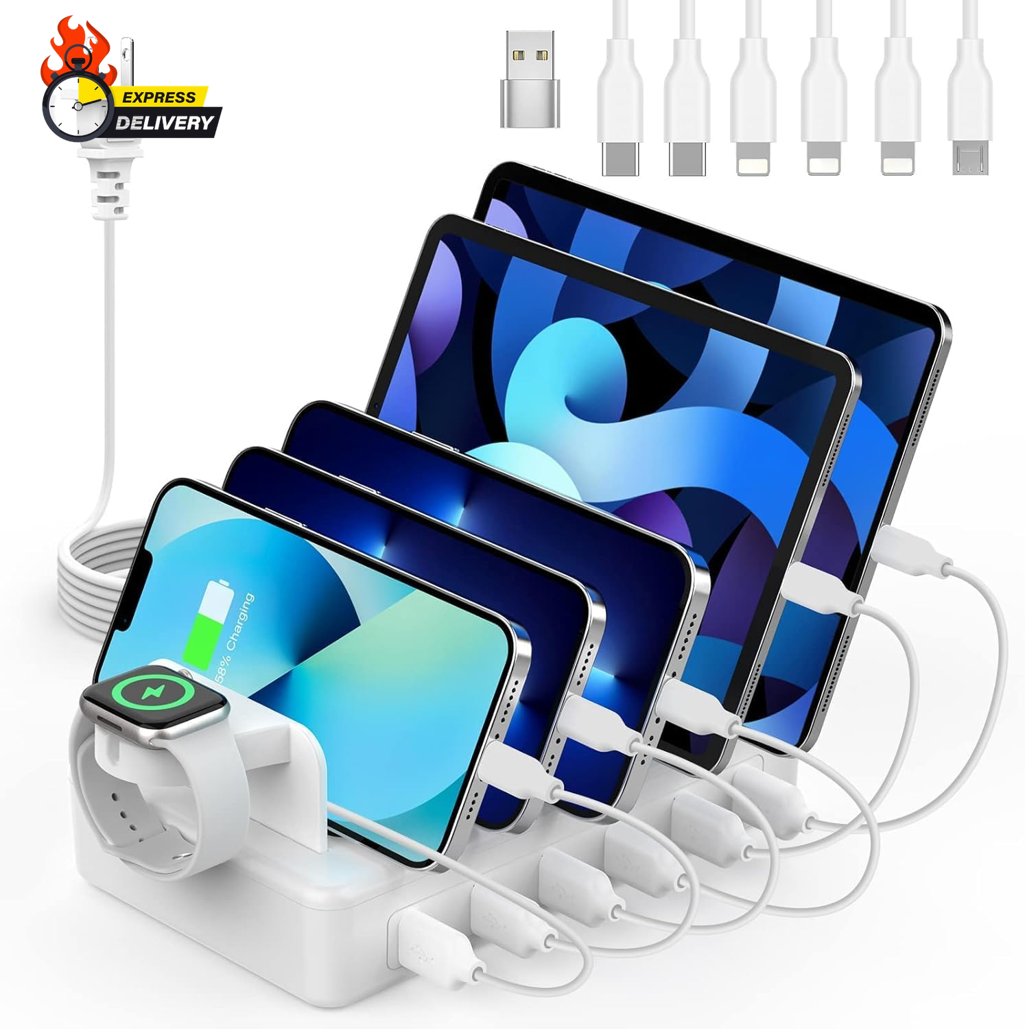 Charging Station for Multiple Devices,50W 6 Ports Charging Dock with 6 Cables Co-image