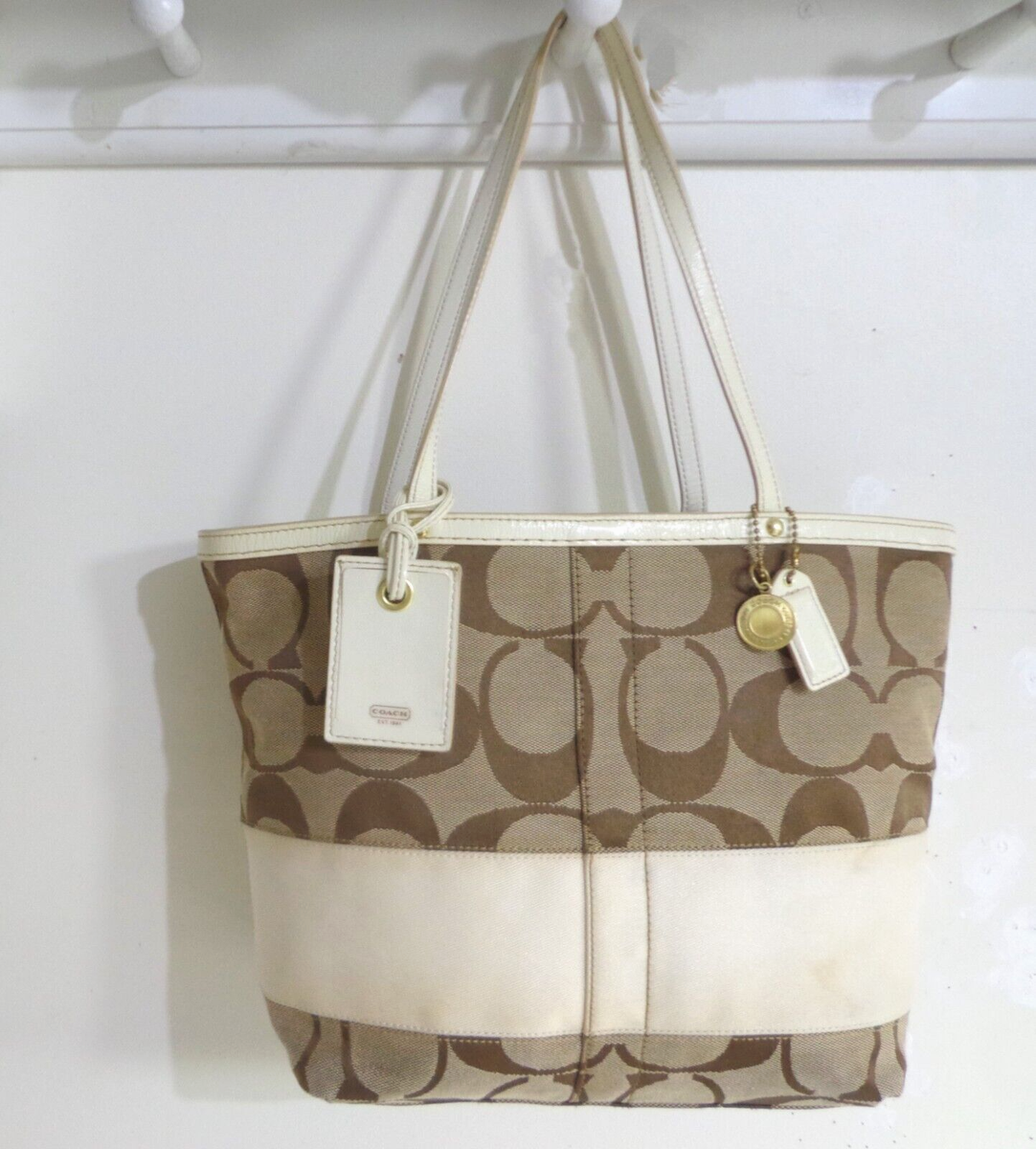 COACH 10124 KHAKI SIGNATURE STRIPE CREAM LEATHER TOTE BAG PURSE