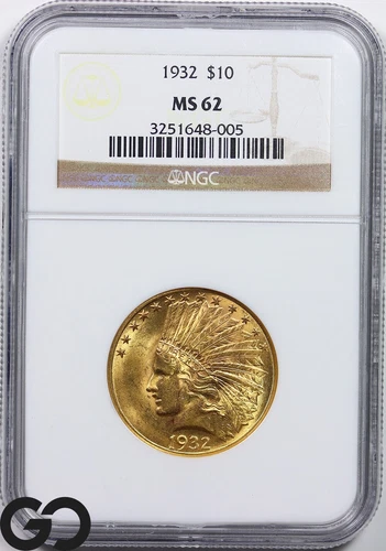 1932 Gold Eagle, $10 Gold Indian NGC MS 62 ** Very Lustrous Beauty!
