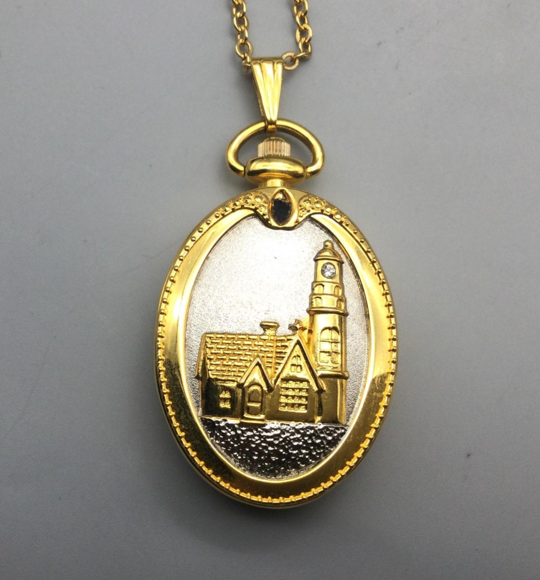 Thomas Kinkade Locket Watch Necklace Gold Tone with Chain New